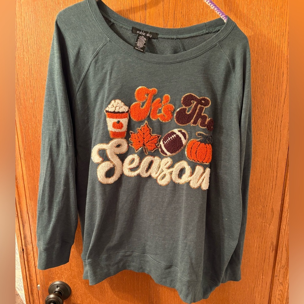 Fall Autumn Whimsical Sweatshirt Hunter Green 2X Women Plus Coffee Football cute